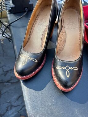Angela Scott Black Leather Heels with Red Trim and Gold Embroidery